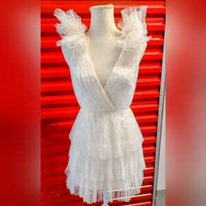  Monique Lhuillier Perrie Tiered Shoulder-Ruffle V-Neck Mini Dress Size 4